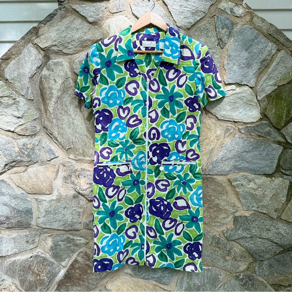 Vintage Linen Watercolor Floral Zip Up Dress size Small